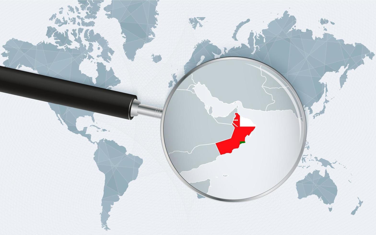 World map with a magnifying glass pointing at Oman. Map of Oman with the flag in the loop. vector