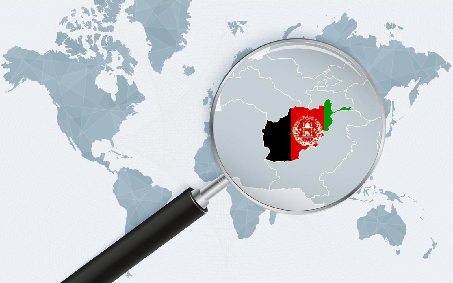 World map with a magnifying glass pointing at Afghanistan. Map of Afghanistan with the flag in the loop. vector