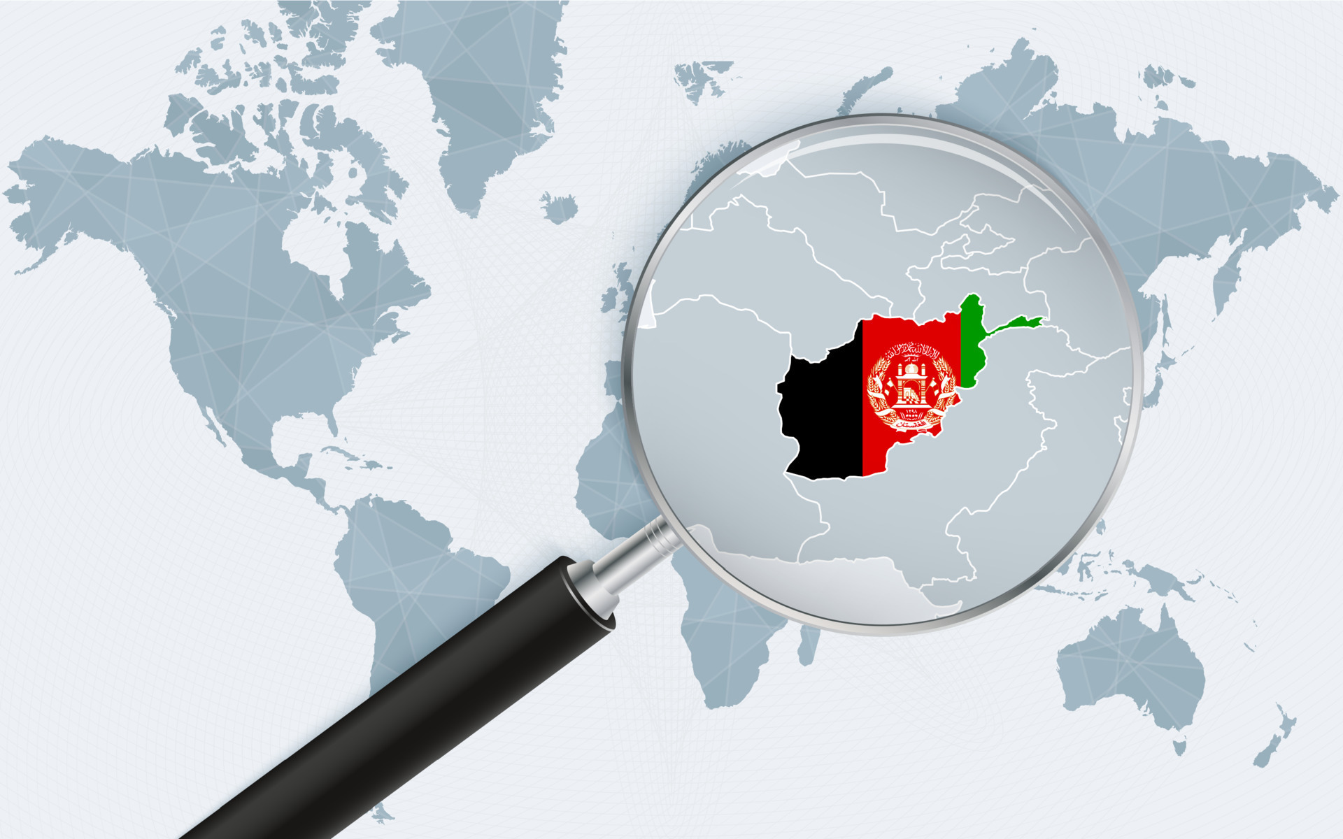 World Map With A Magnifying Glass Pointing At Afghanistan Map Of World Map With A Magnifying Glass Pointing At Afghanistan Map Of Afghanistan With The Flag In The Loop Vector