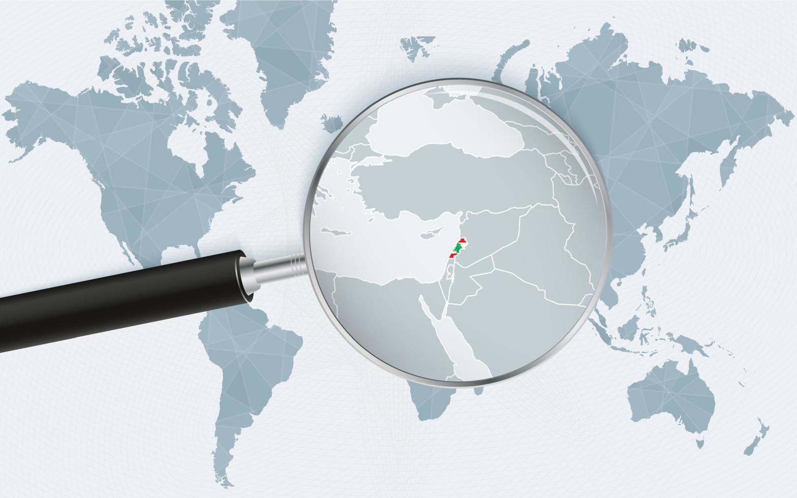 World map with a magnifying glass pointing at Lebanon. Map of Lebanon with the flag in the loop. vector