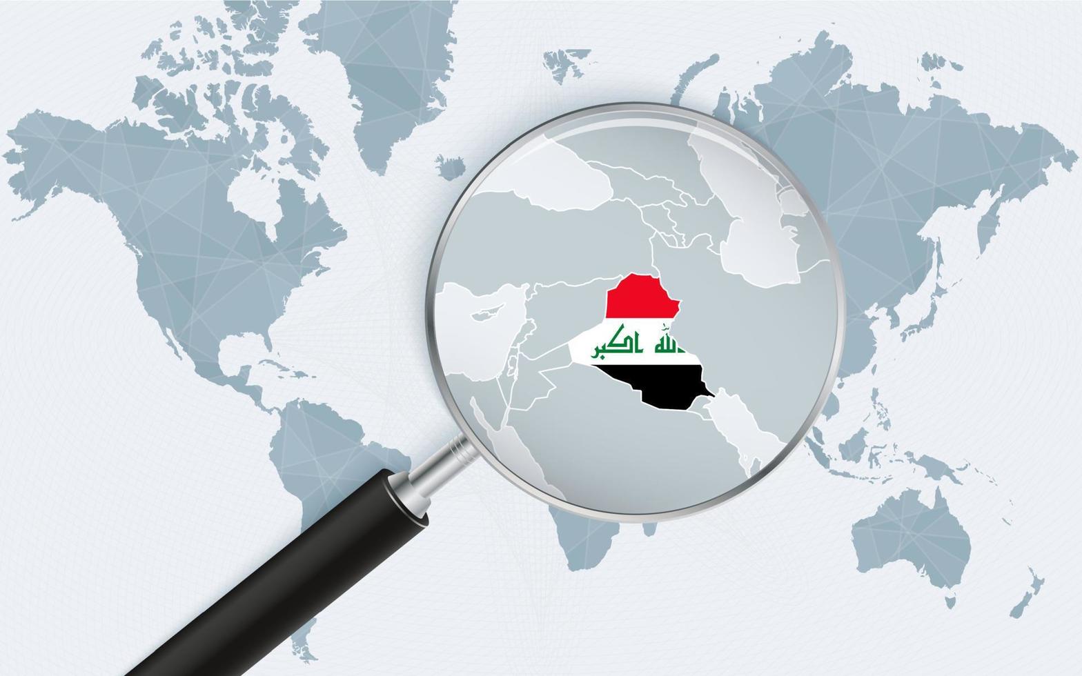 World map with a magnifying glass pointing at Iraq. Map of Iraq with the flag in the loop. vector