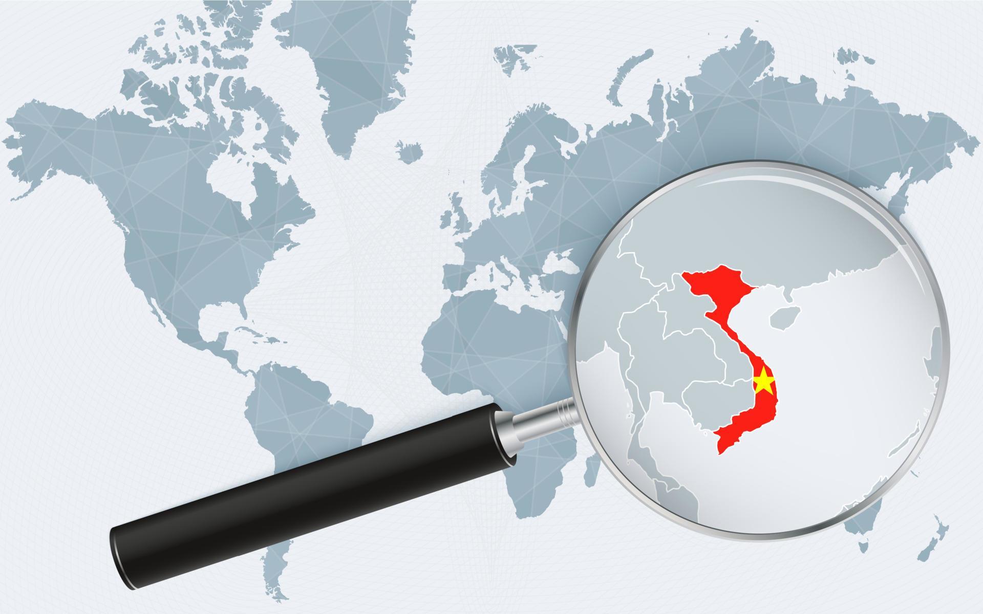 World Map With A Magnifying Glass Pointing At Vietnam Map Of Vietnam World Map With A Magnifying Glass Pointing At Vietnam Map Of Vietnam With The Flag In The Loop Vector 
