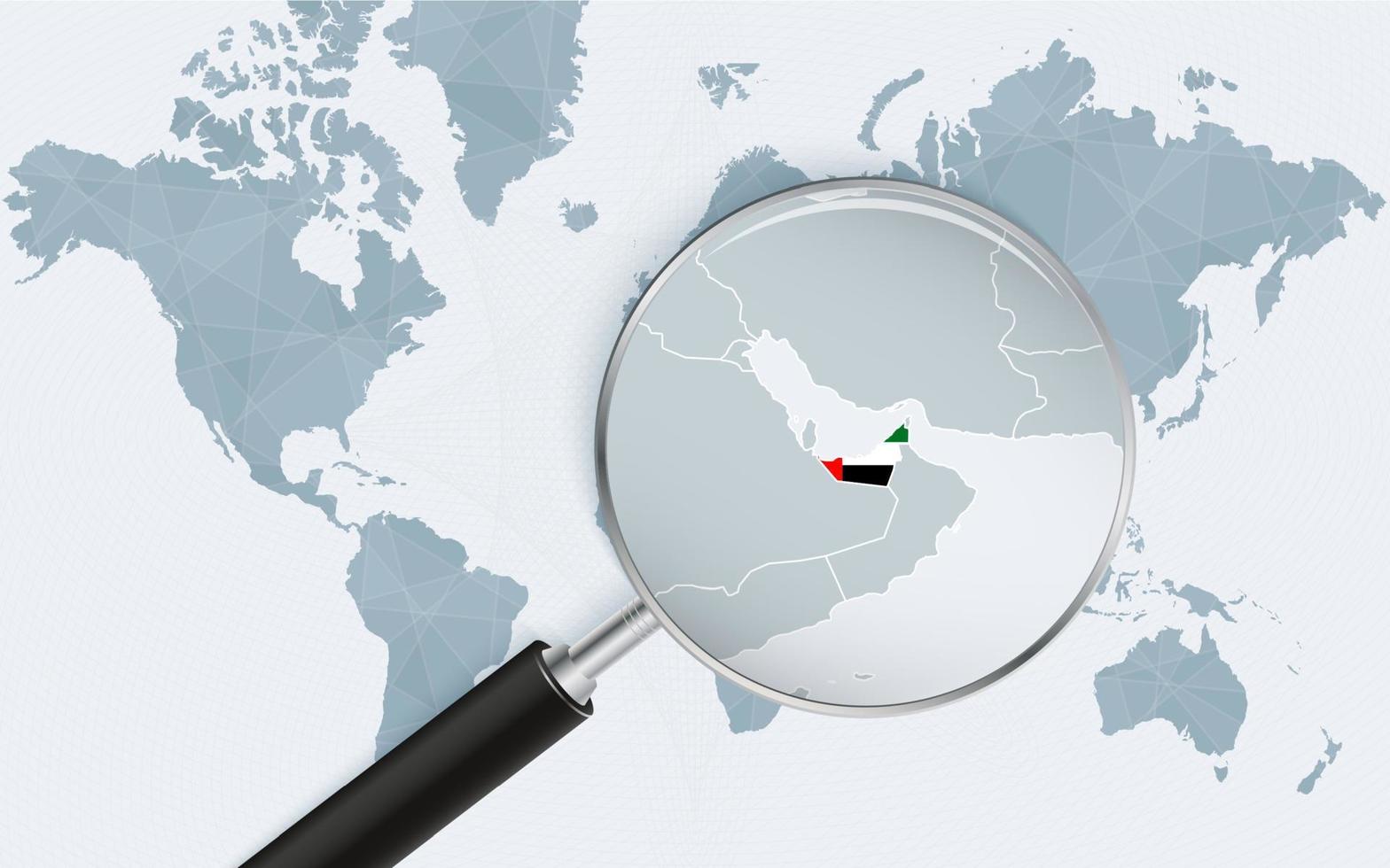 World map with a magnifying glass pointing at United Arab Emirates. Map of United Arab Emirates with the flag in the loop. vector