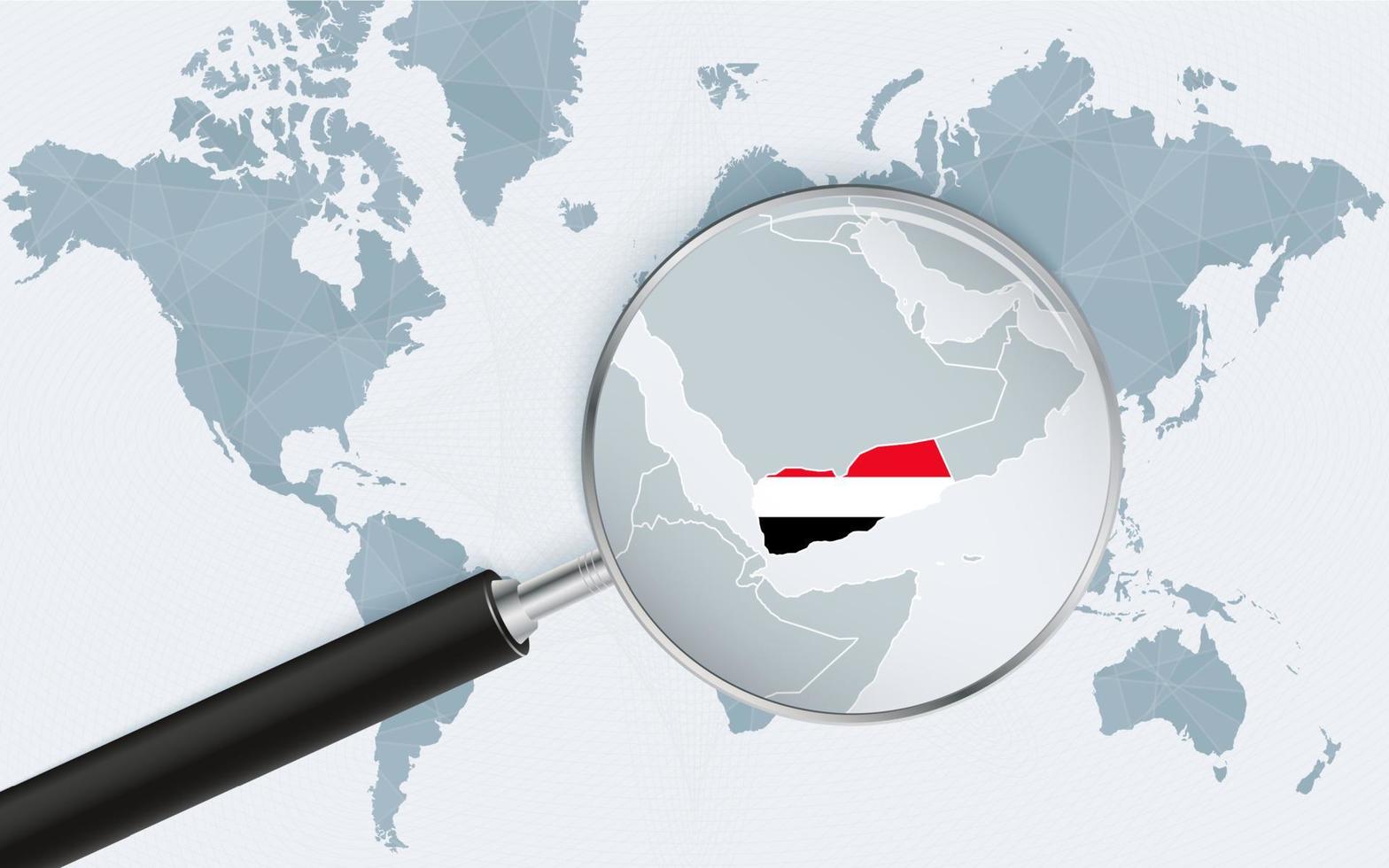 World map with a magnifying glass pointing at Yemen. Map of Yemen with the flag in the loop. vector