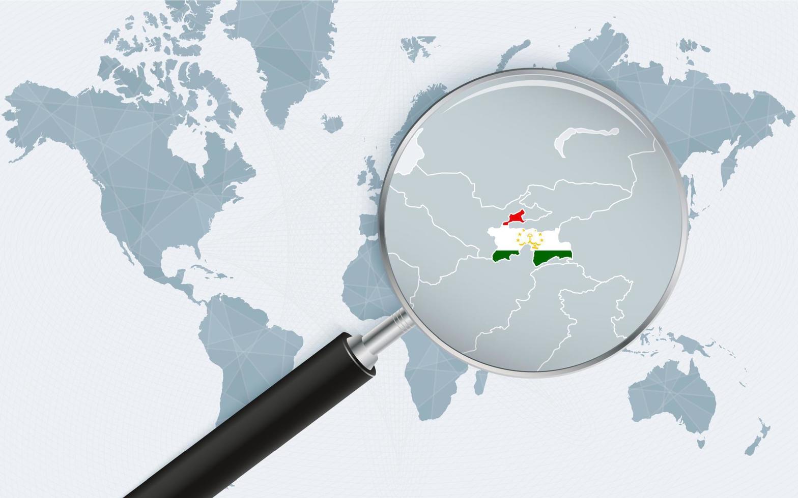 World map with a magnifying glass pointing at Tajikistan. Map of Tajikistan with the flag in the loop. vector