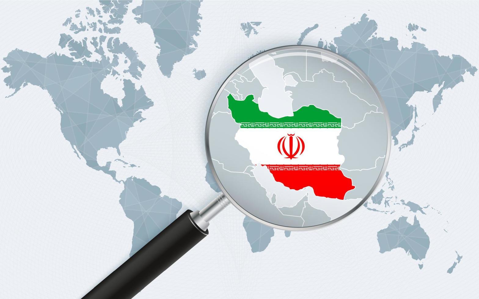 World map with a magnifying glass pointing at Iran. Map of Iran with the flag in the loop. vector