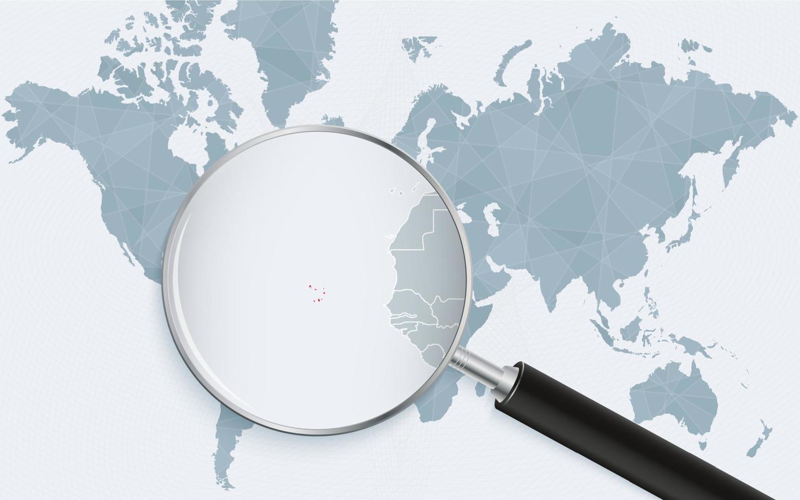 World map with a magnifying glass pointing at Cape Verde. Map of Cape Verde with the flag in the loop. vector