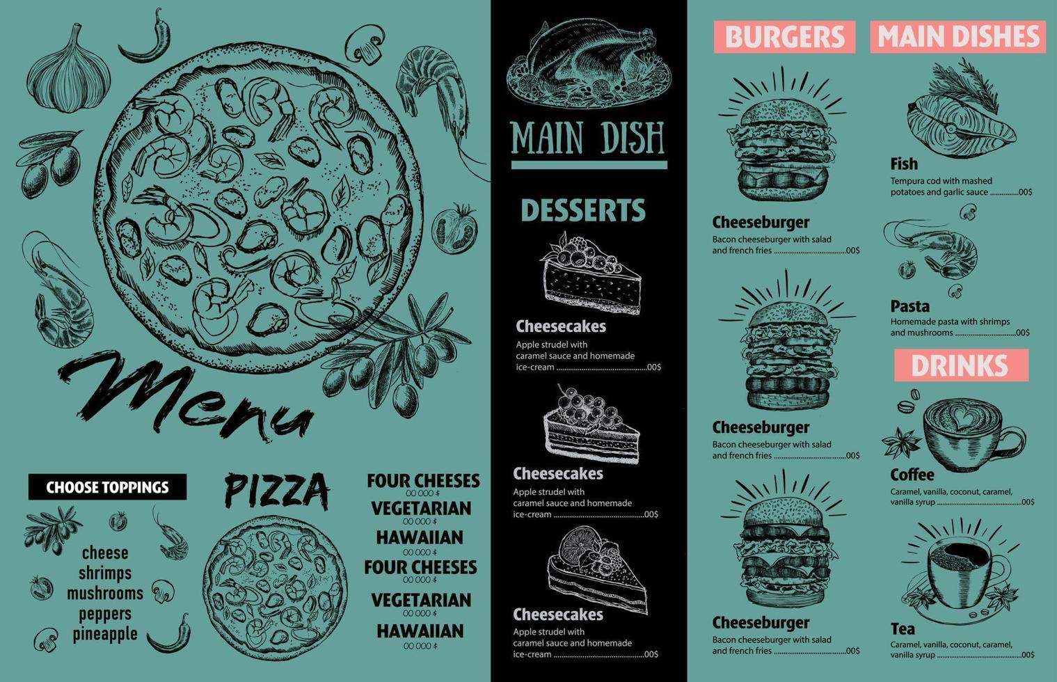 Menu cafe restaurant design template. Flyer with hand-drawn graphic. vector