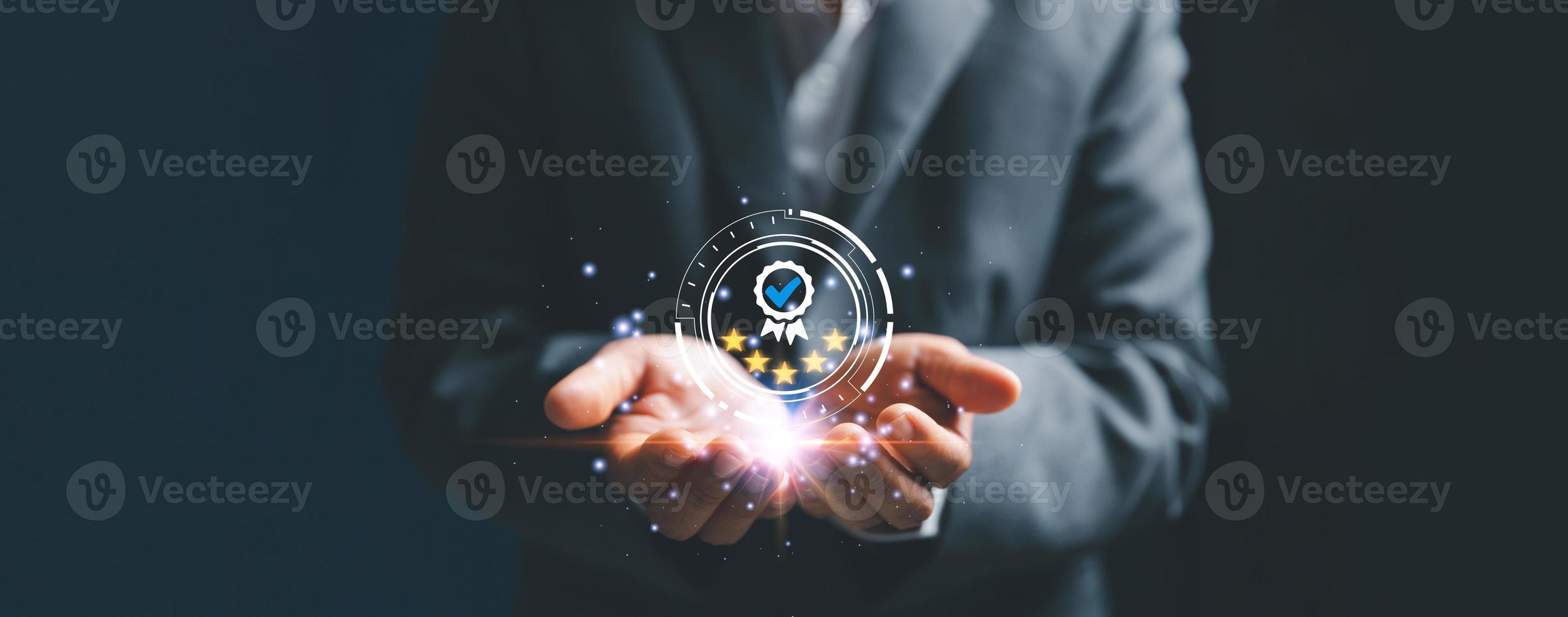 Hand shows sign of top service Quality assurance 5 star, Guarantee, Standards, good service, premium, five stars, excellence service, high quality, business excellence. Quality Assurance Concept. photo
