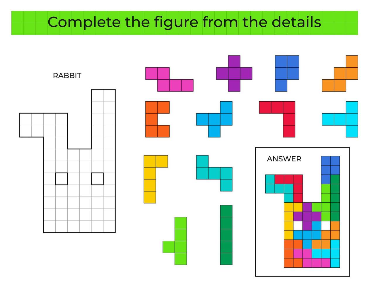 Puzzle game with Rabbit. Colorful details for children. Complete figure. Education game for kids, preschool worksheet activity. Puzzle game. Vector illustration.