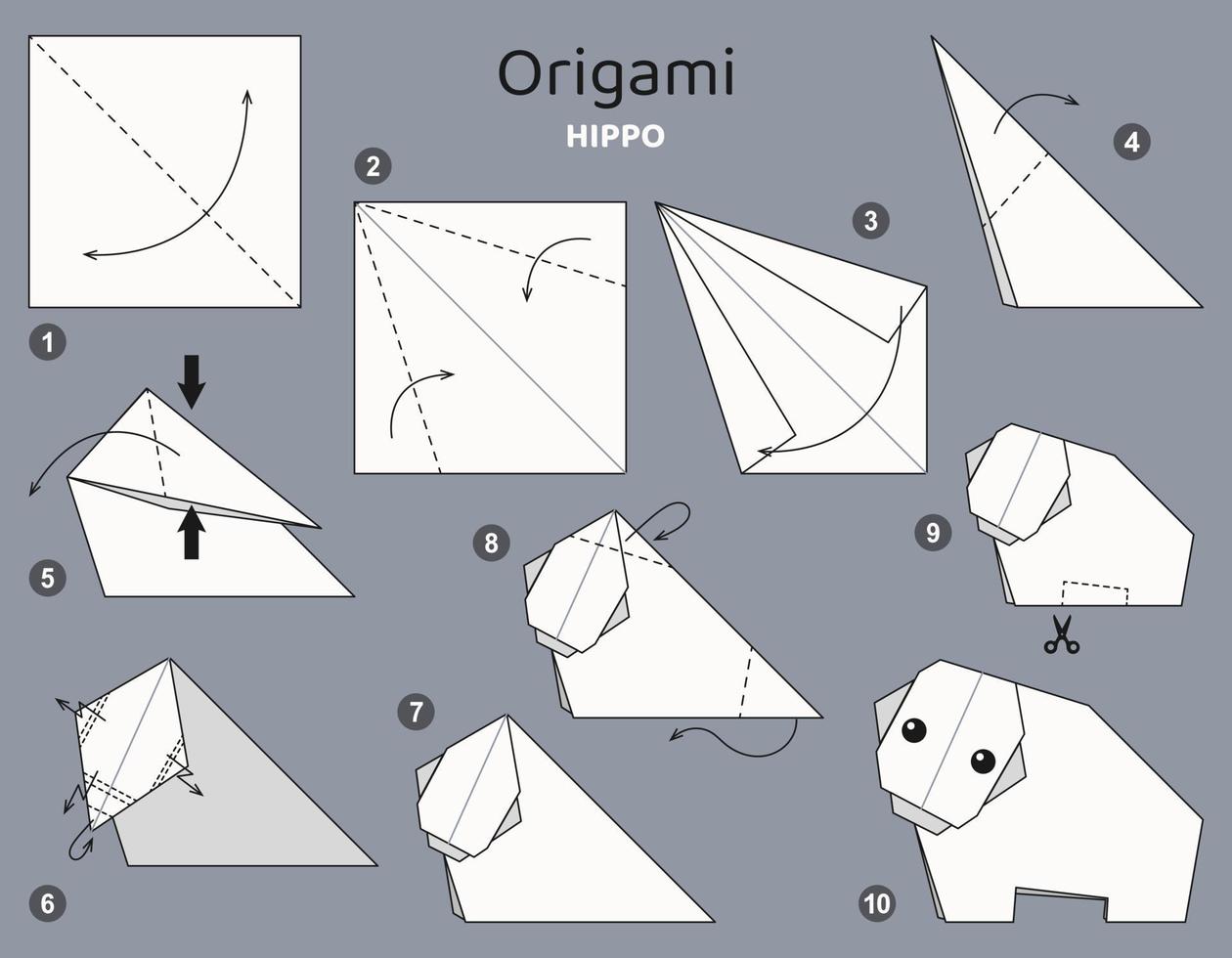 Tutorial origami scheme with hippopotamus. isolated origami elements on grey backdrop. Origami for kids. Step by step how to make origami Hippo. Vector illustration.