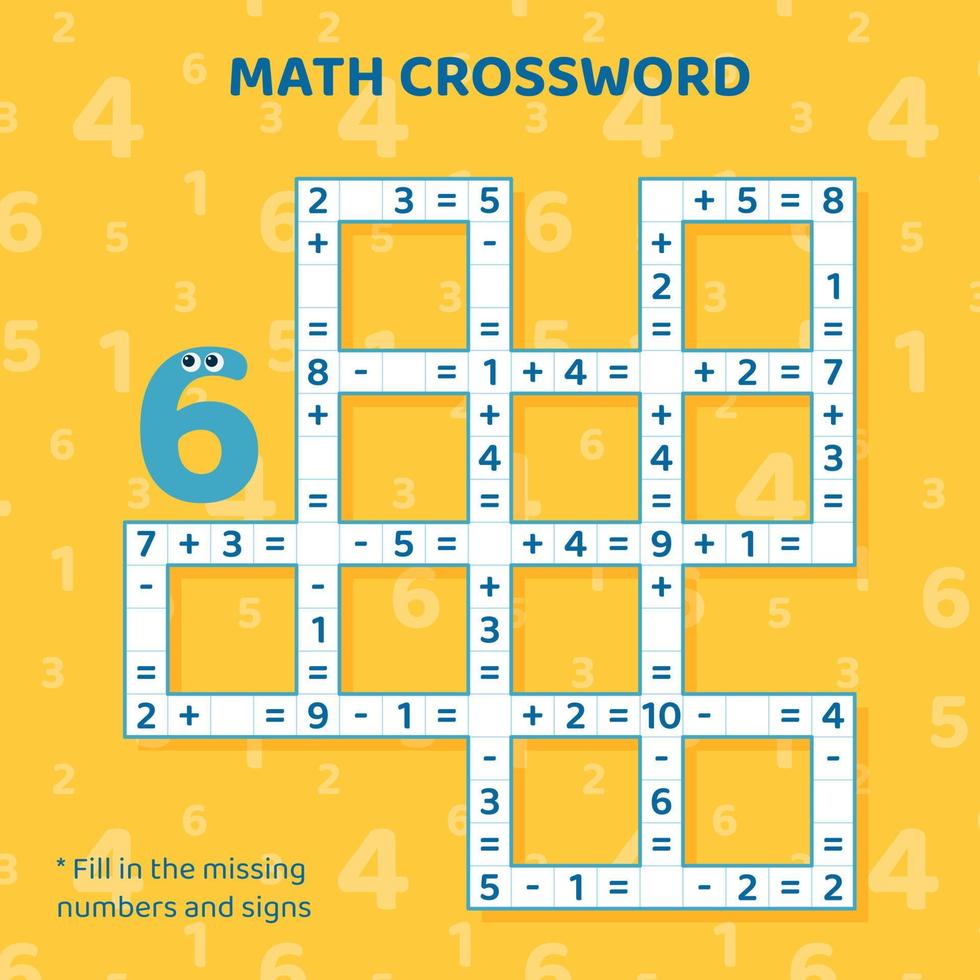 Math Crossword puzzle for kids. Addition and subtraction. Counting up to 10. Vector illustration