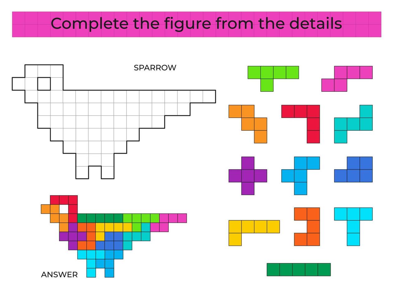 Puzzle game with sparrow. Colorful details for children. Complete figure. Education game for kids, preschool worksheet activity. Puzzle game. Vector illustration.