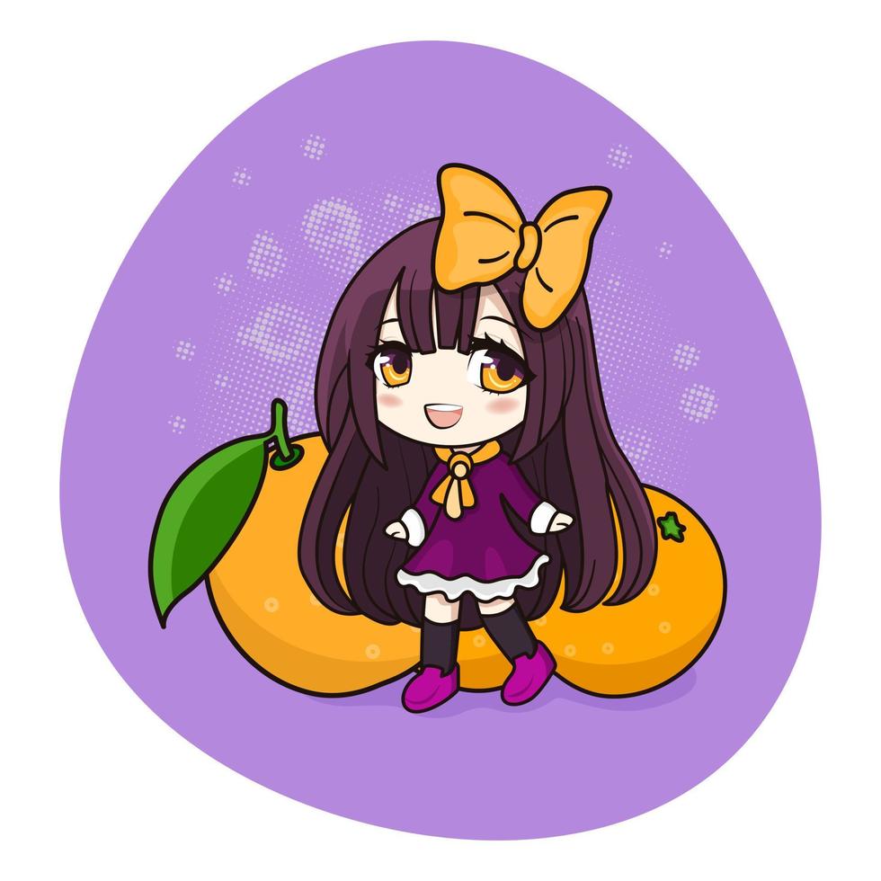 linda y kawaii chica con cabello castaño. felizmente manga chibi girl con naranjas. ilustración vectorial todos los objetos están aislados. arte para grabados, portadas, carteles y cualquier uso. vector