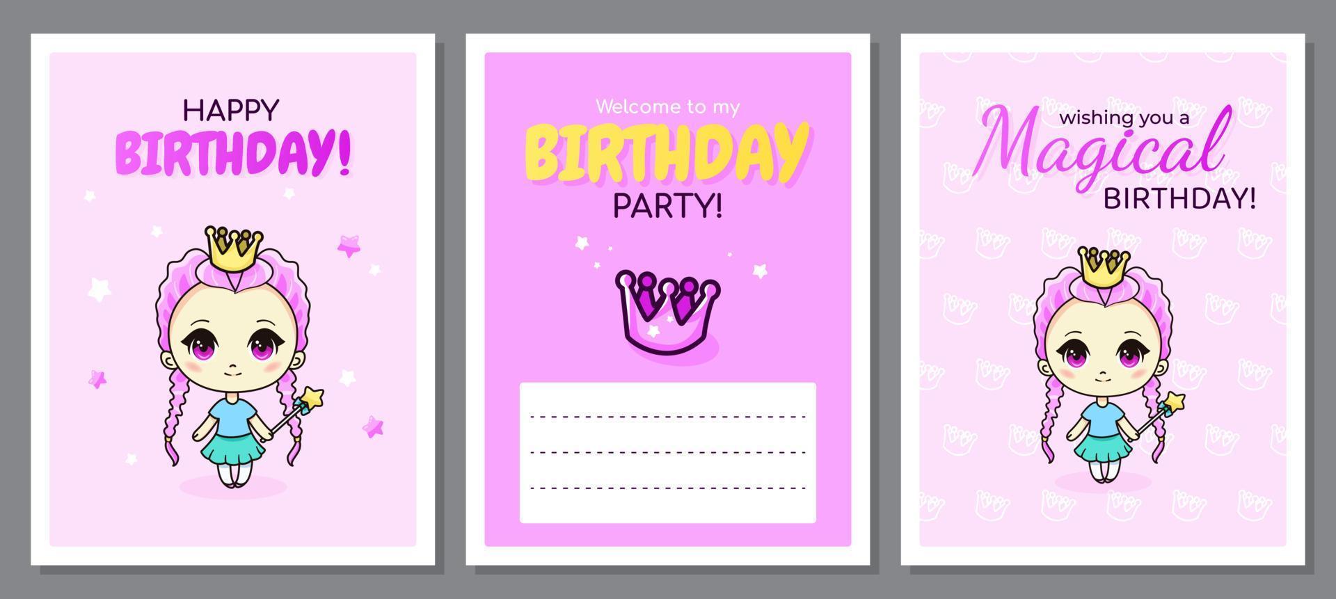 conjunto de tarjetas de felicitación de feliz cumpleaños con princesa chibi y coronas. tarjetas de felicitación en estilo manga para niños. ilustración vectorial vector