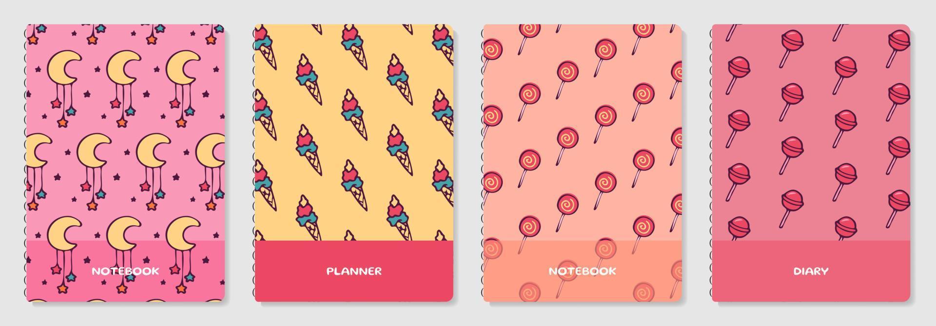 Cover page templates. Vector Cartoon sweets prints. Applicable patterns for notebooks, planners, brochures, books, catalogs etc. Seamless patterns, easy to re-size.