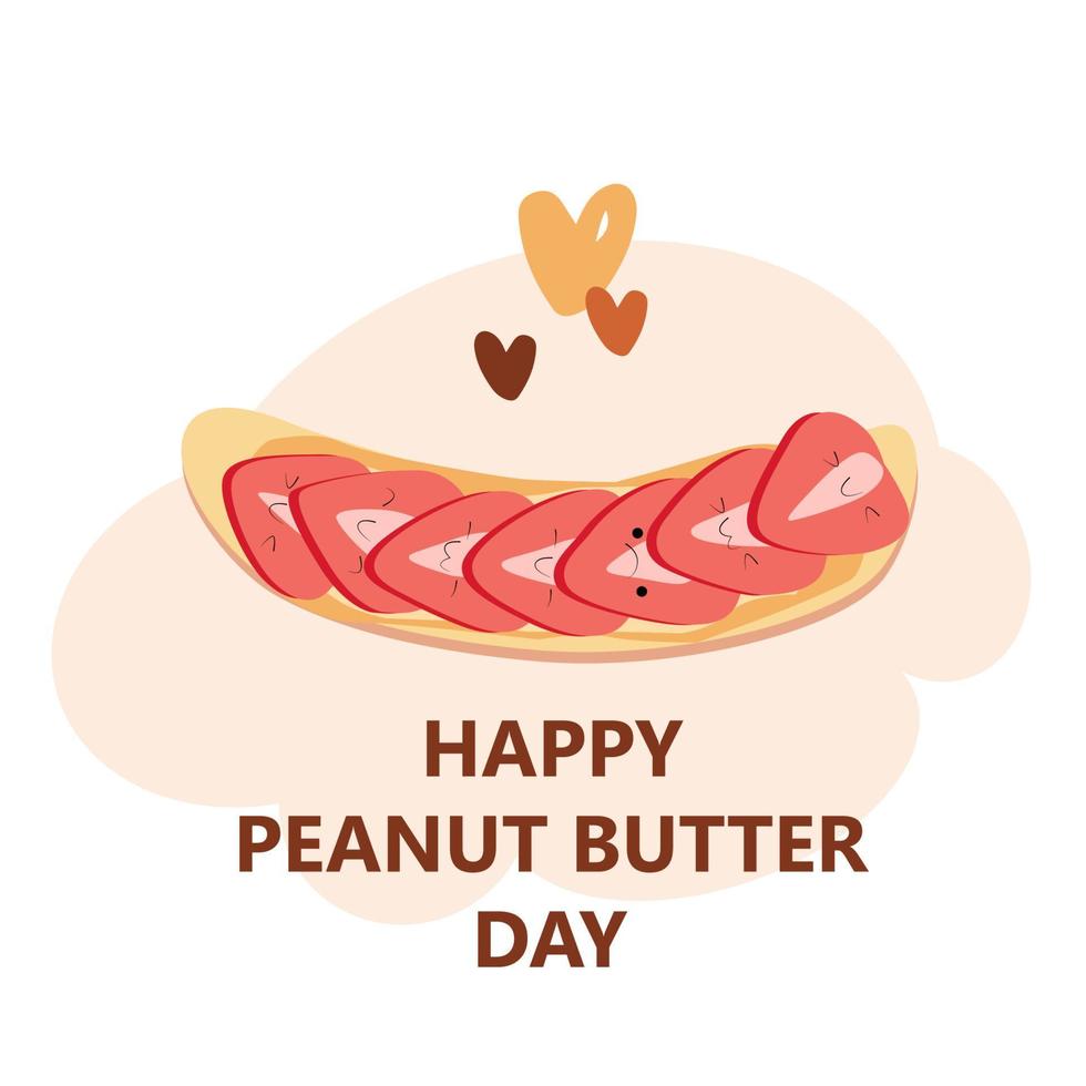 Vector Illustration for Peanut Butter Day. Strawberry, banana with peanut butter. Cute cartoon characters. Healthy breakfast, lunch or snack time.