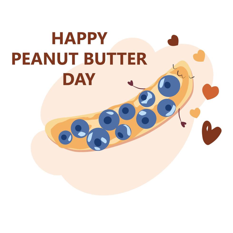 Vector Illustration for Peanut Butter Day. Strawberry, banana, blueberry and blackberry with peanut butter. Cute cartoon characters. Healthy breakfast, lunch or snack time.