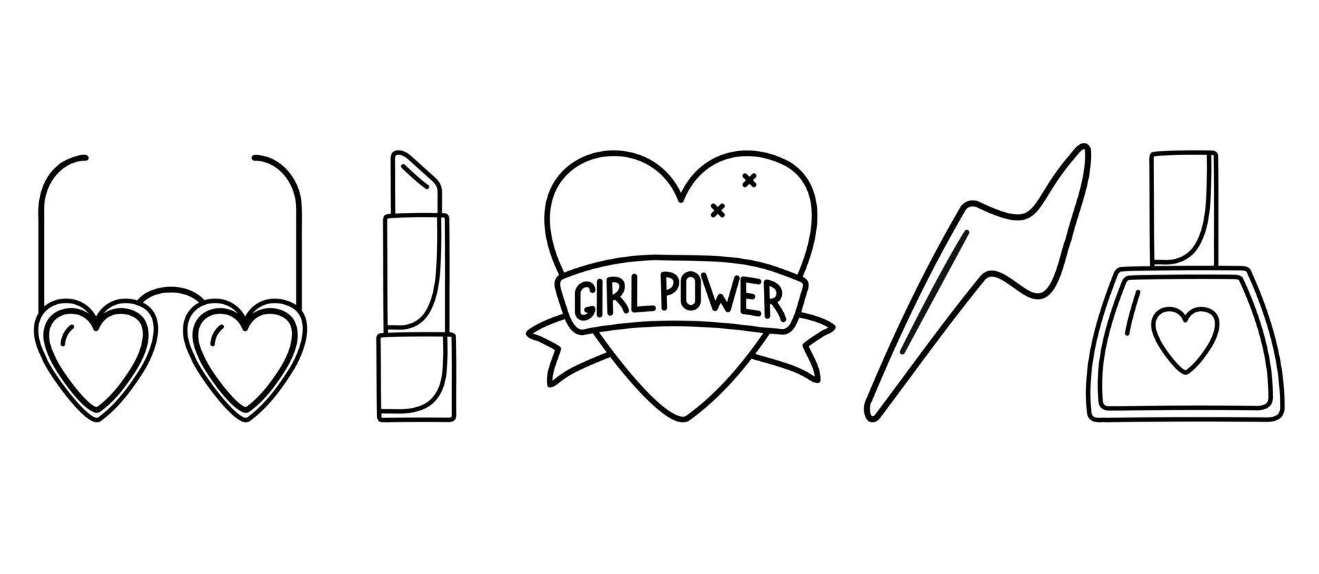 Single hand drawn element of nail varnish, lipstick, glasses. Elements for greeting cards