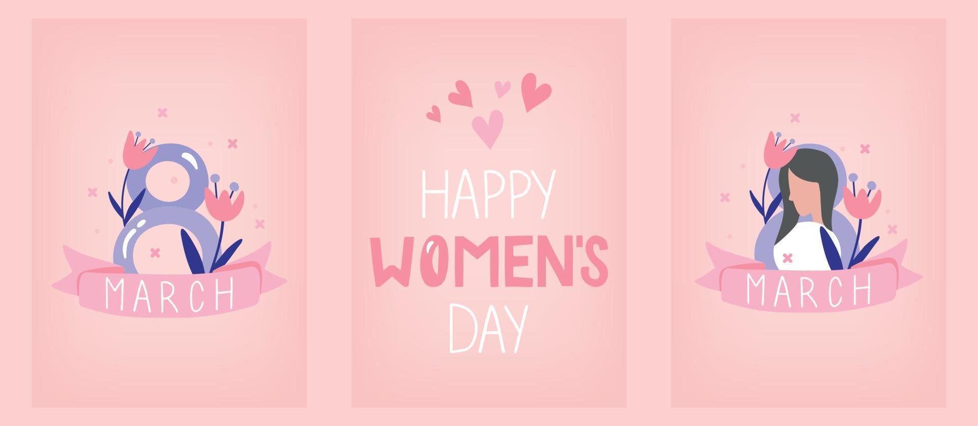 Set of Women's day cards. Drawn posters and greeting cards. Vector greeting cards for Women's day with illustrations in flat style.