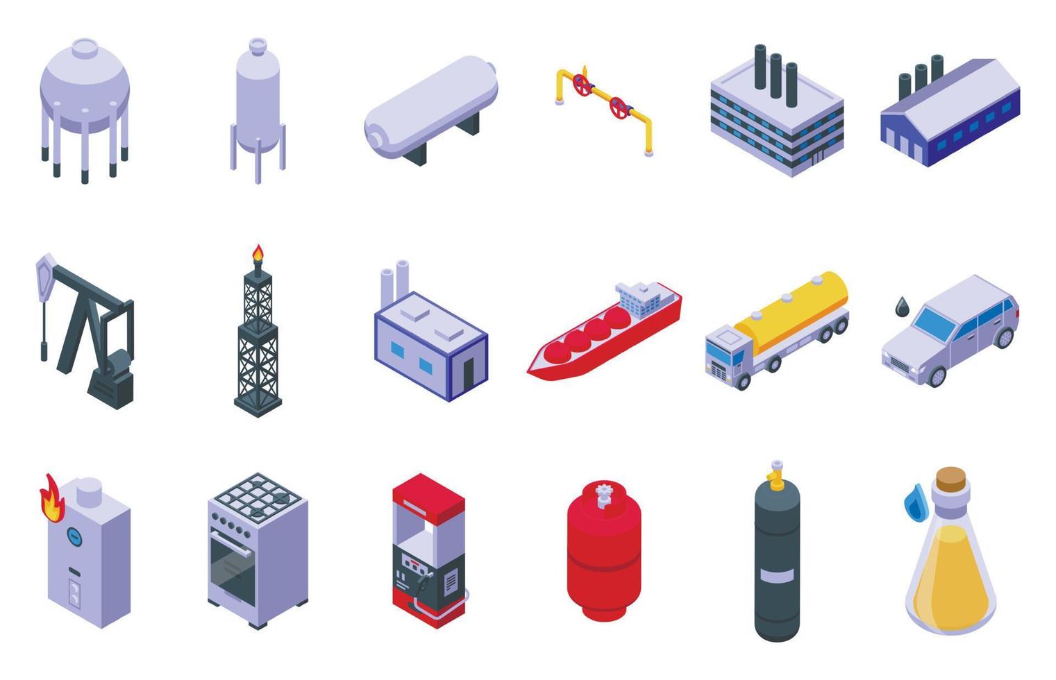 Gas production icons set isometric vector. Tank pipeline vector