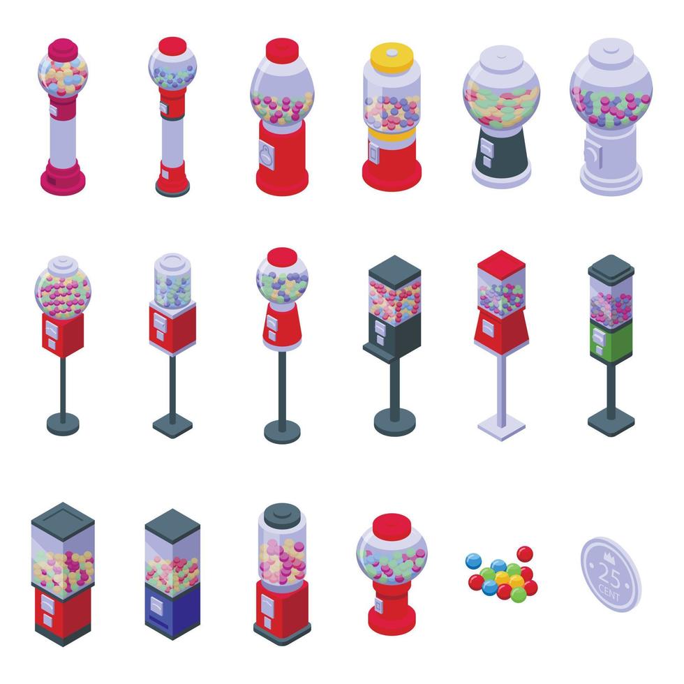 Bubblegum machine icons set isometric vector. Gum candy vector