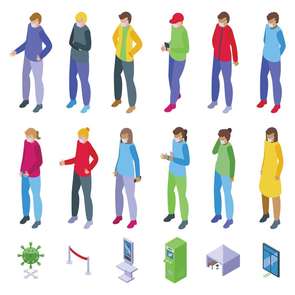 People in masks stand in line icons set isometric vector. Woman face vector