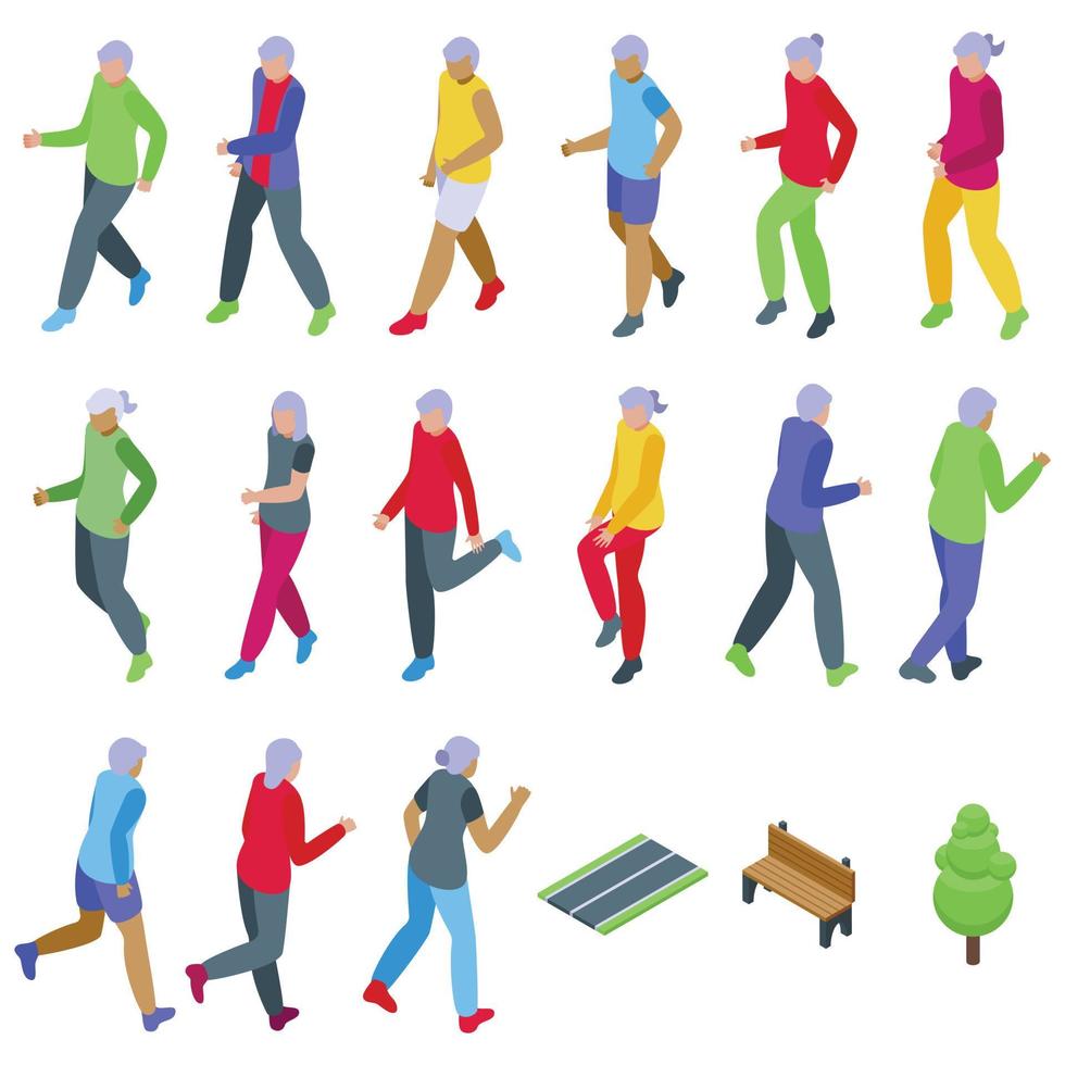 Elderly people running in the park icons set isometric vector. Nature senior vector