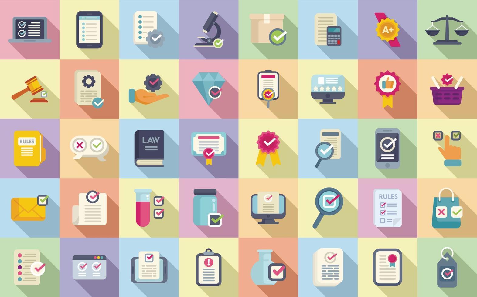 Regulated products icons set flat vector. Quality control vector