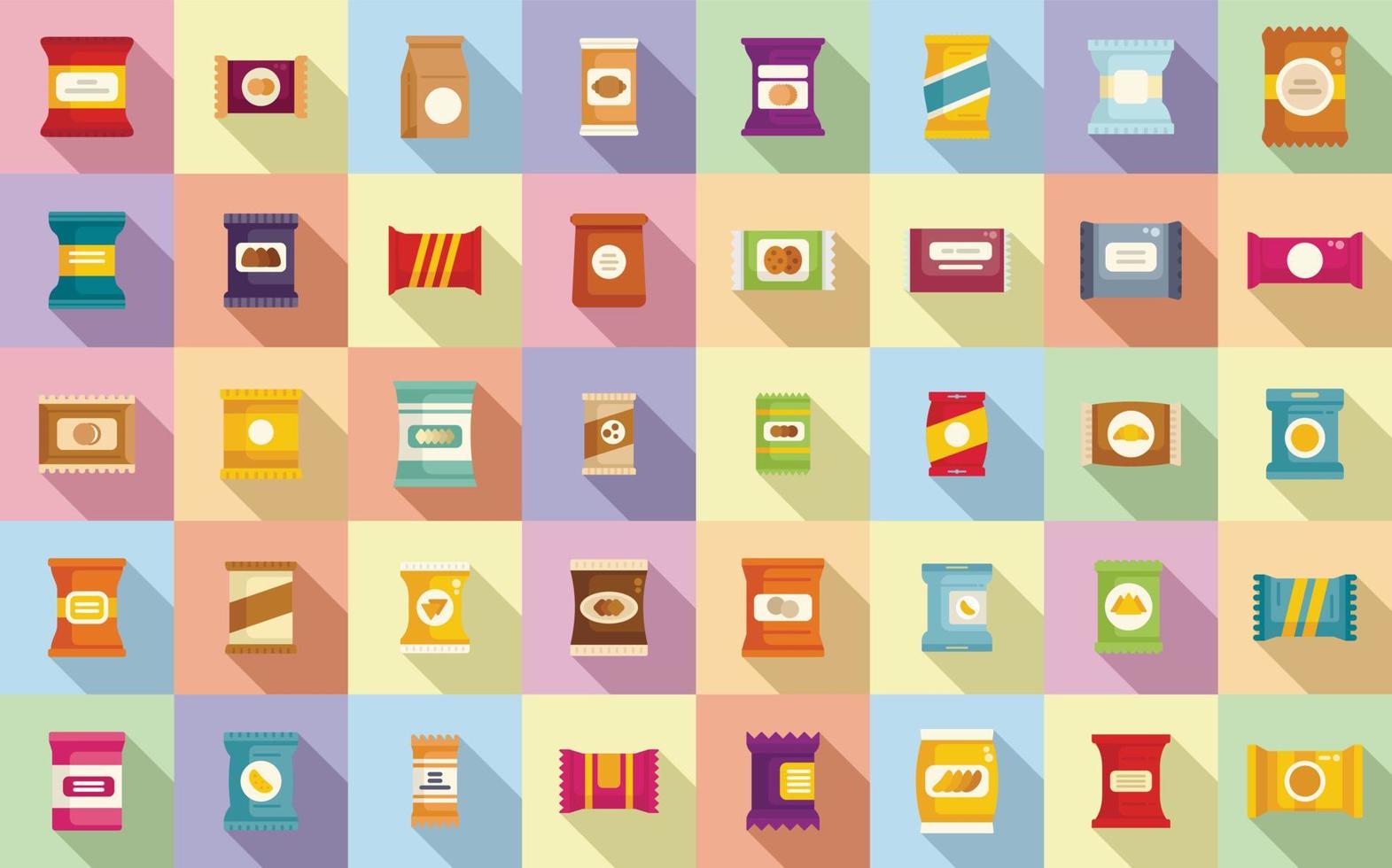 Snack pack icons set flat vector. Candy bag vector