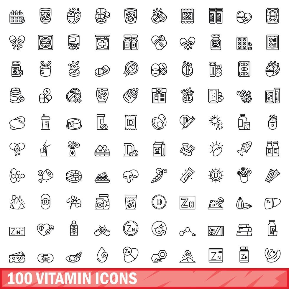 100 iconos de vitaminas, estilo de contorno vector