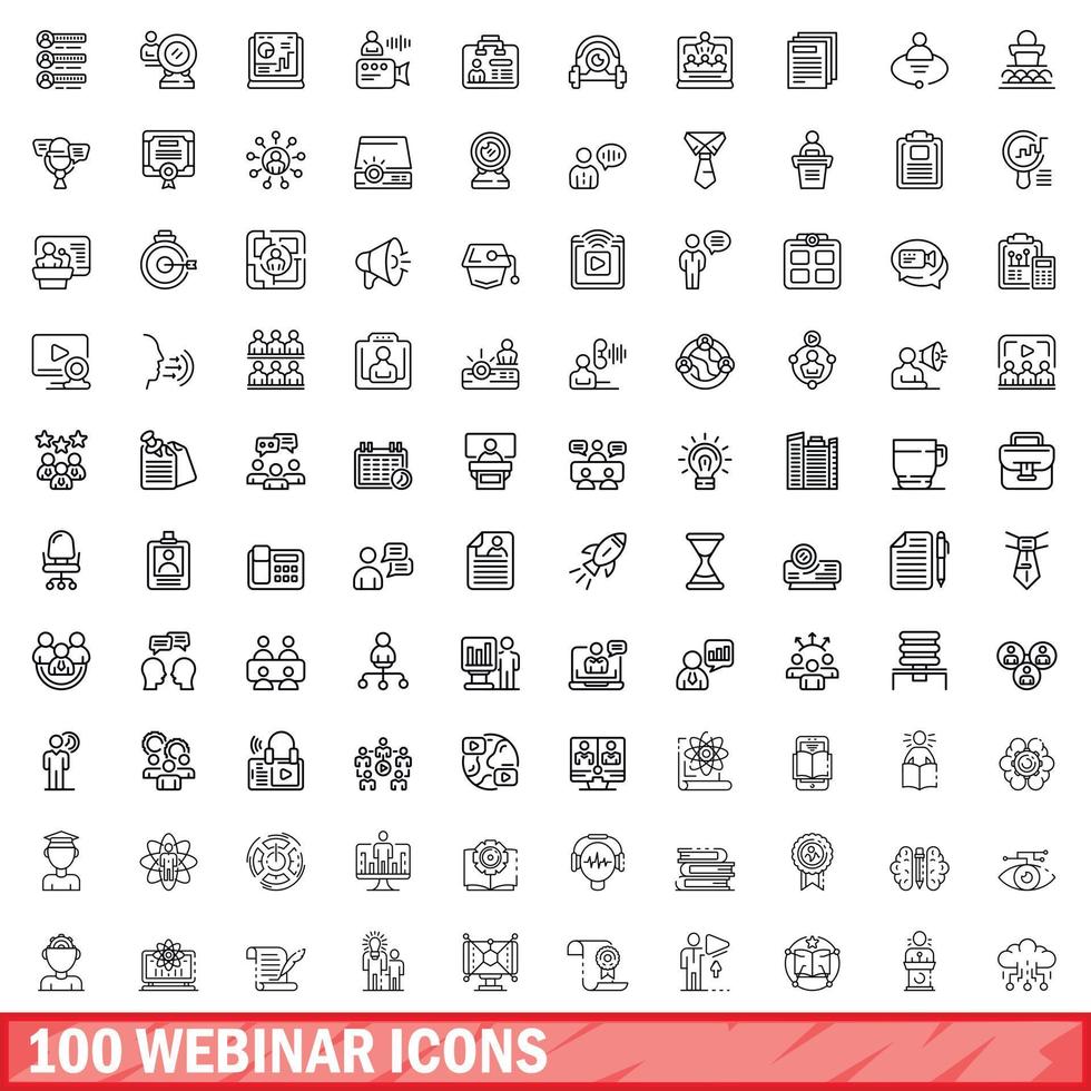 100 webinar icons set, outline style vector