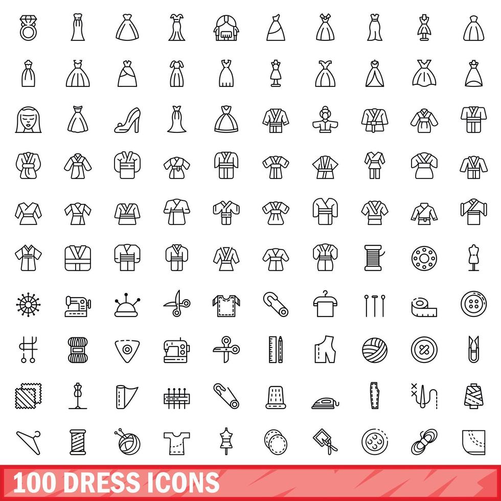 100 dress icons set, outline style vector