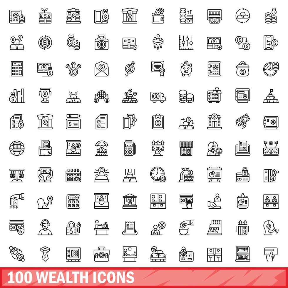 100 conjunto de iconos de riqueza, estilo de esquema vector