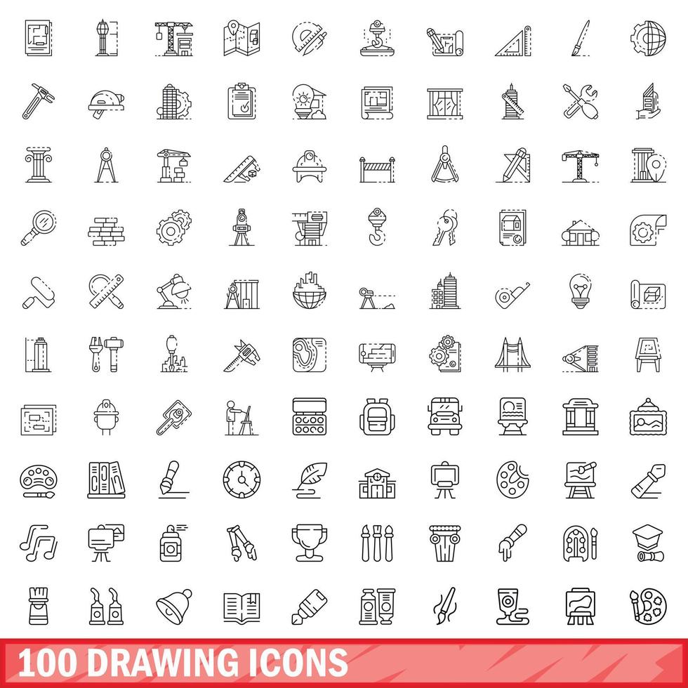 100 drawing icons set, outline style vector