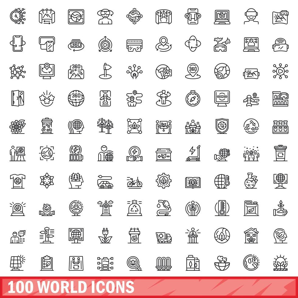 100 world icons set, outline style vector