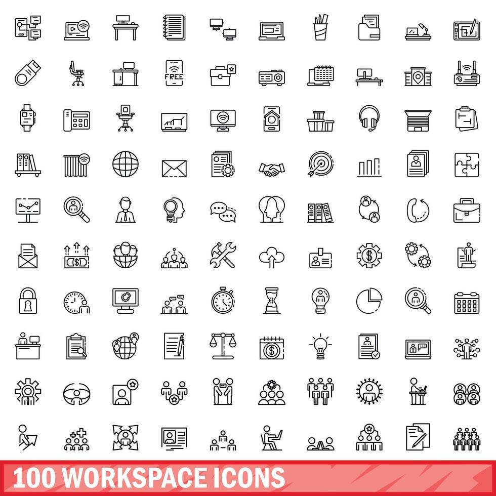 100 workspace icons set, outline style vector