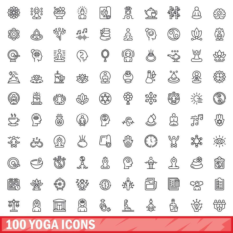 100 yoga icons set, outline style vector