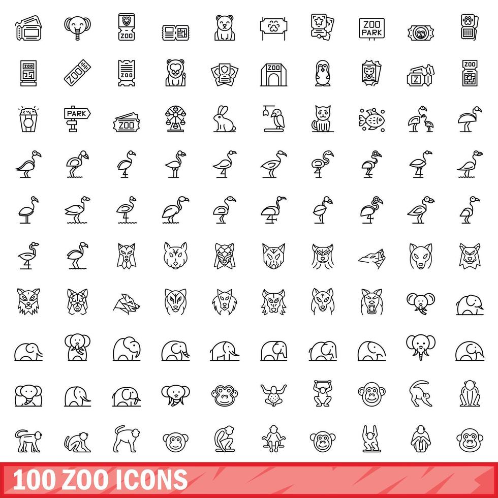 100 zoo icons set, outline style vector