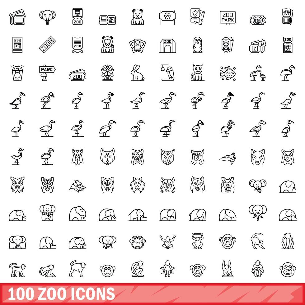 100 iconos de zoológico, estilo de contorno vector