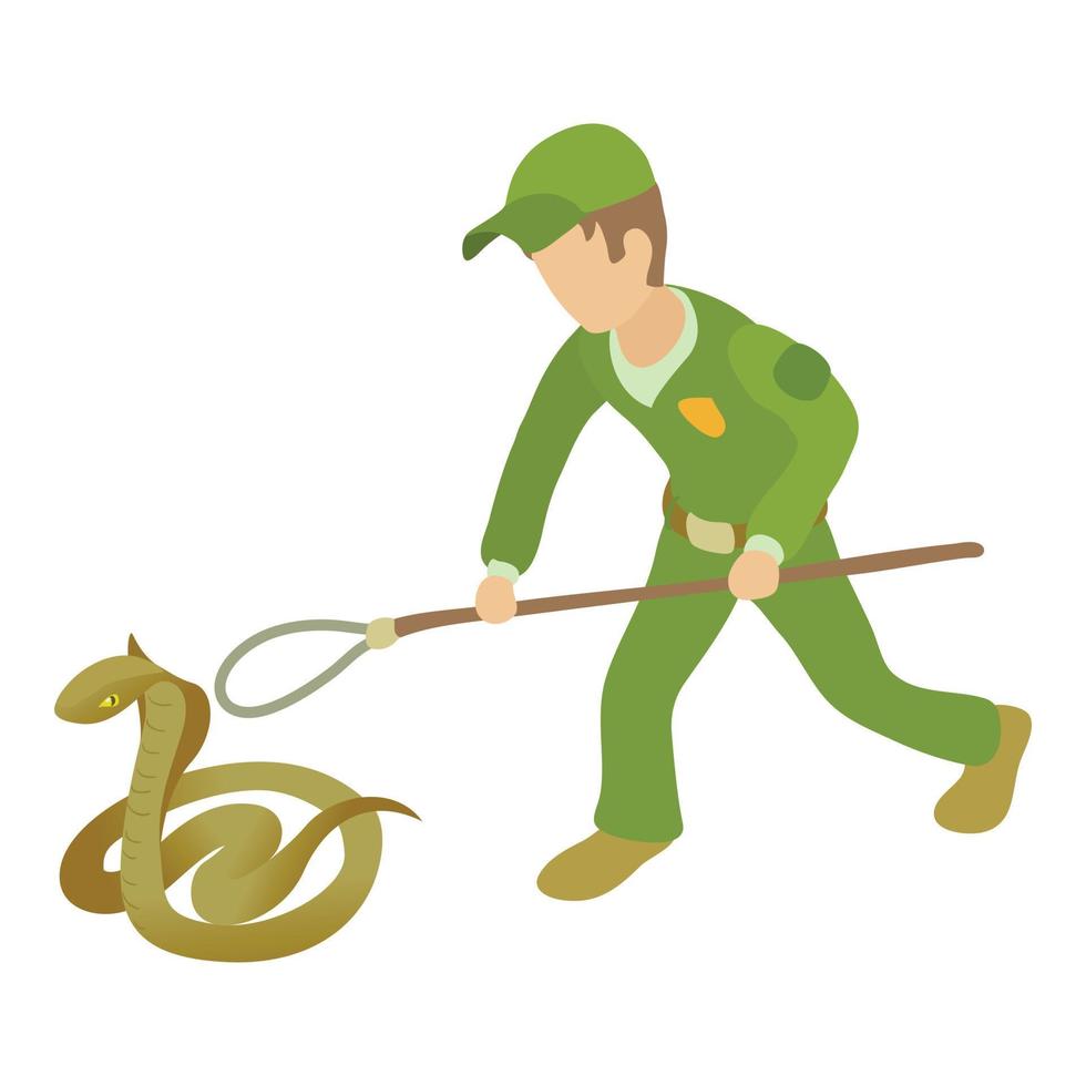 King cobra icon isometric vector. Young man in green uniform near big cobra icon vector