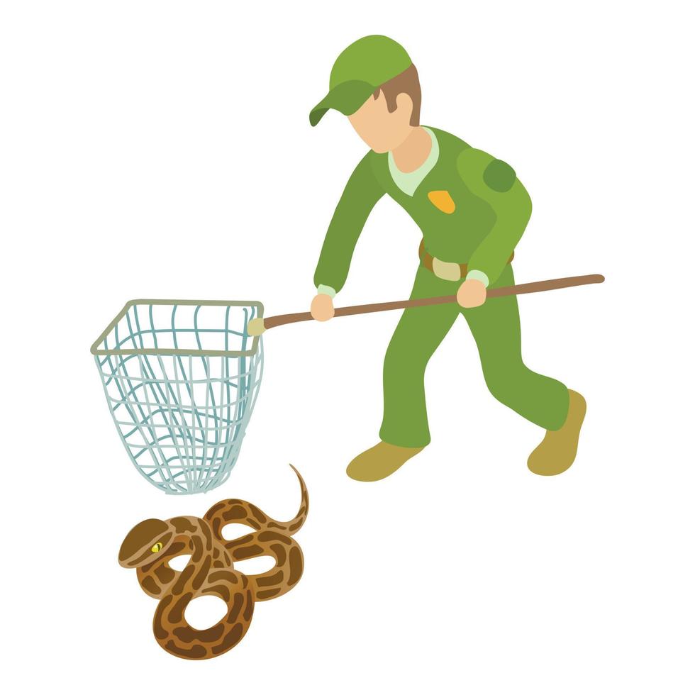 Boa constrictor icon isometric vector. Man in uniform with landing net near boa vector