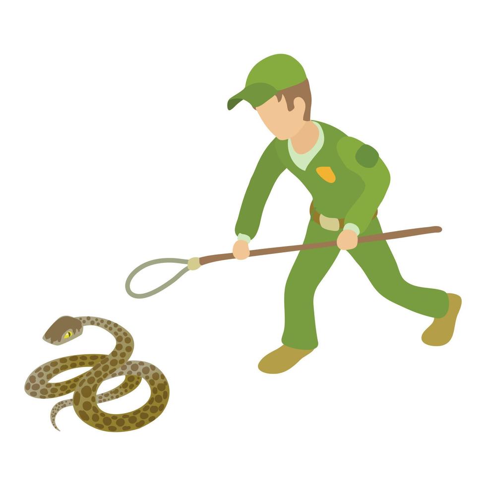 Common anaconda icon isometric vector. Man in green uniform near big anaconda vector