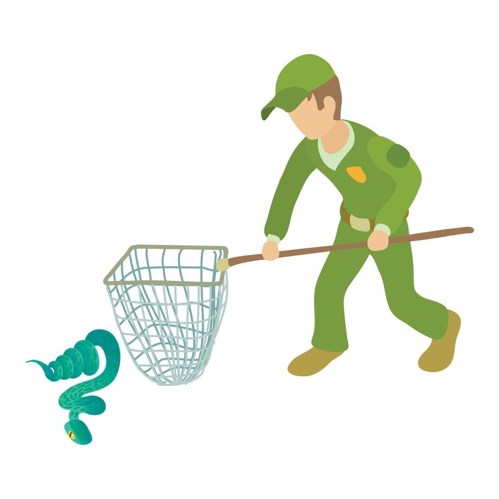 Blue snake icon isometric vector. Man in uniform with landing net near snake vector