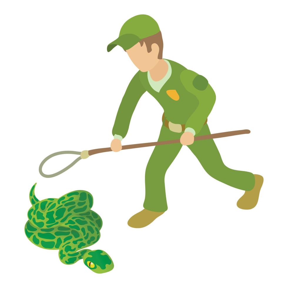 Anaconda icon isometric vector. Young man in uniform near green anaconda icon vector