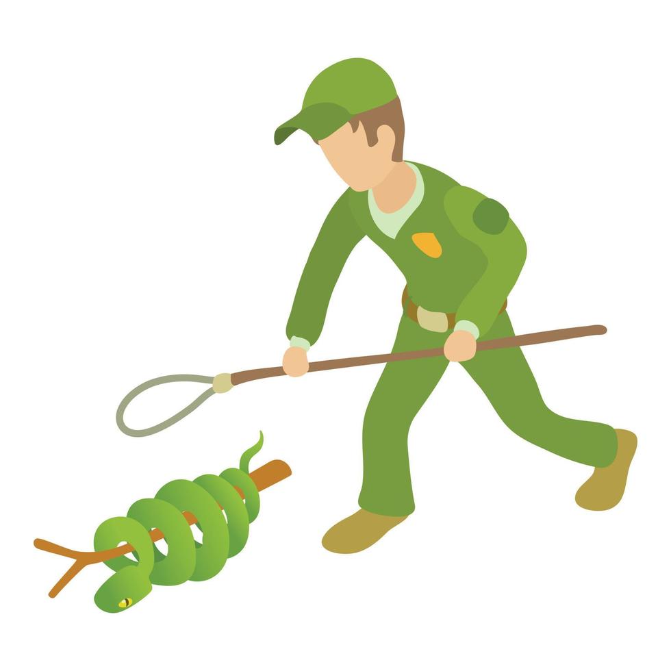 Tree boa icon isometric vector. Young man in uniform near big bright green snake vector