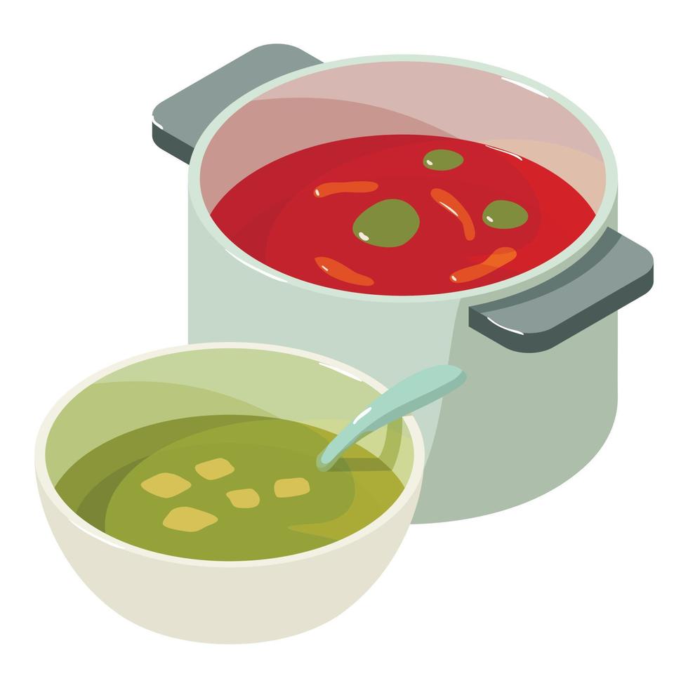 First dish icon isometric vector. Red vegetable soup and spinach cream soup icon vector