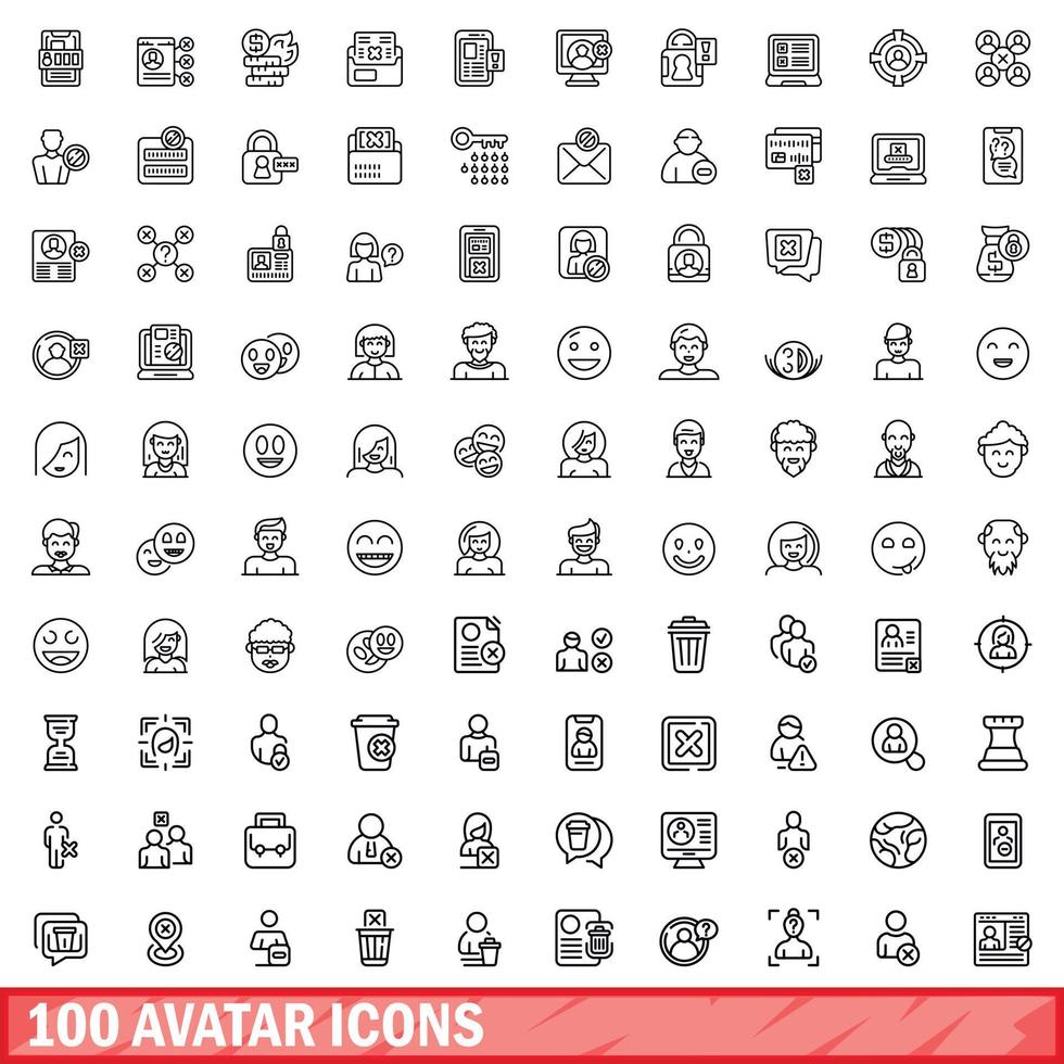 100 avatar icons set, outline style vector