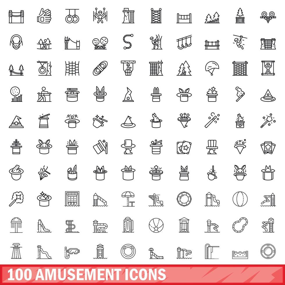 100 amusement icons set, outline style vector