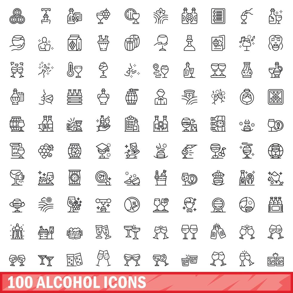100 alcohol icons set, outline style vector